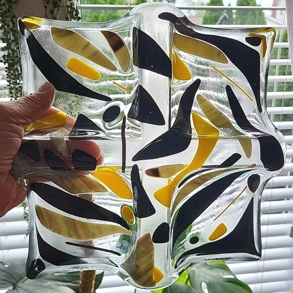Art Glass Divided Section Dish Tray Abstract Clear Yellow Black - Picture 3 of 8